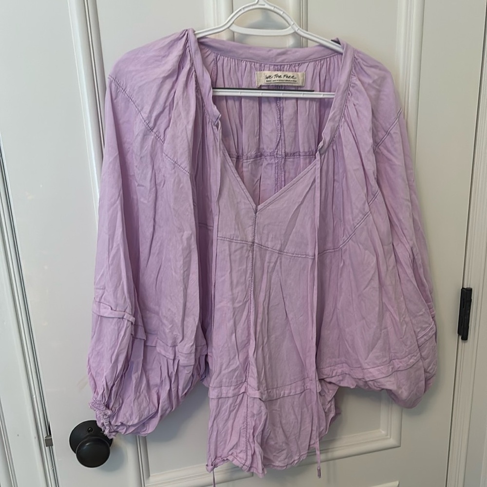 Free People Purple Blouse with Ruched Balloon Sleeves